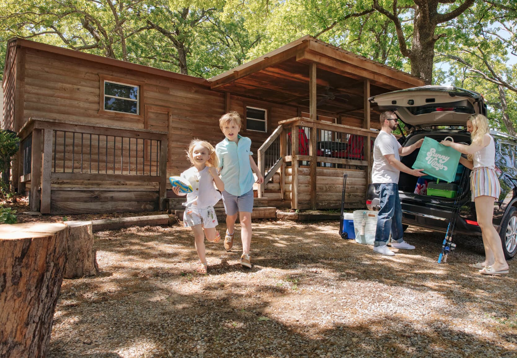 Family unpacking at a Lighthouse cabin