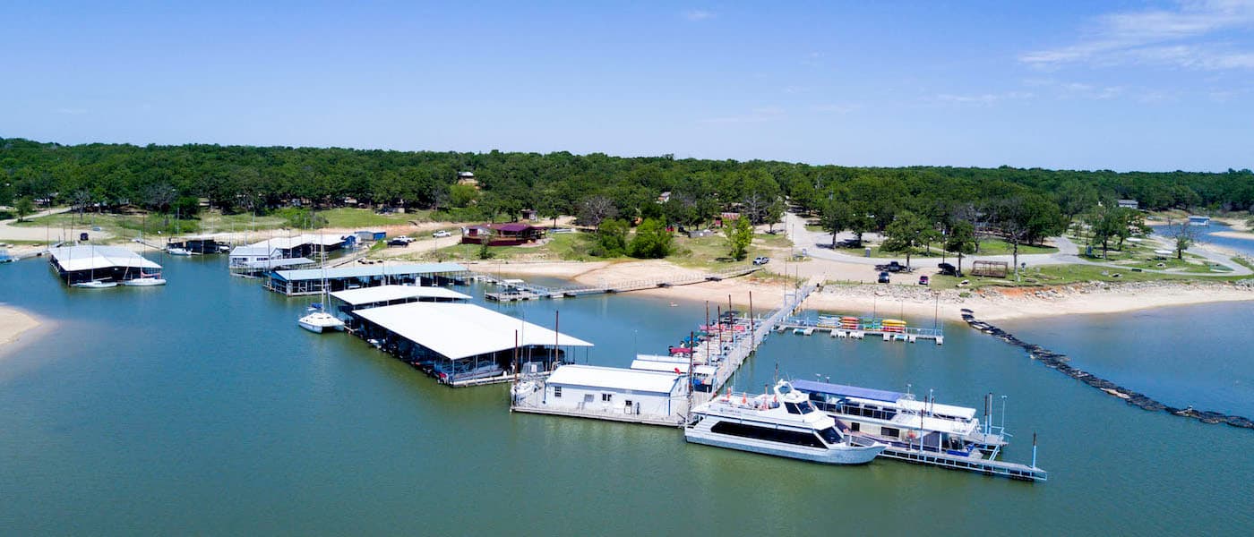 Lighthouse marina, wooded shoreline, and Lake Texoma