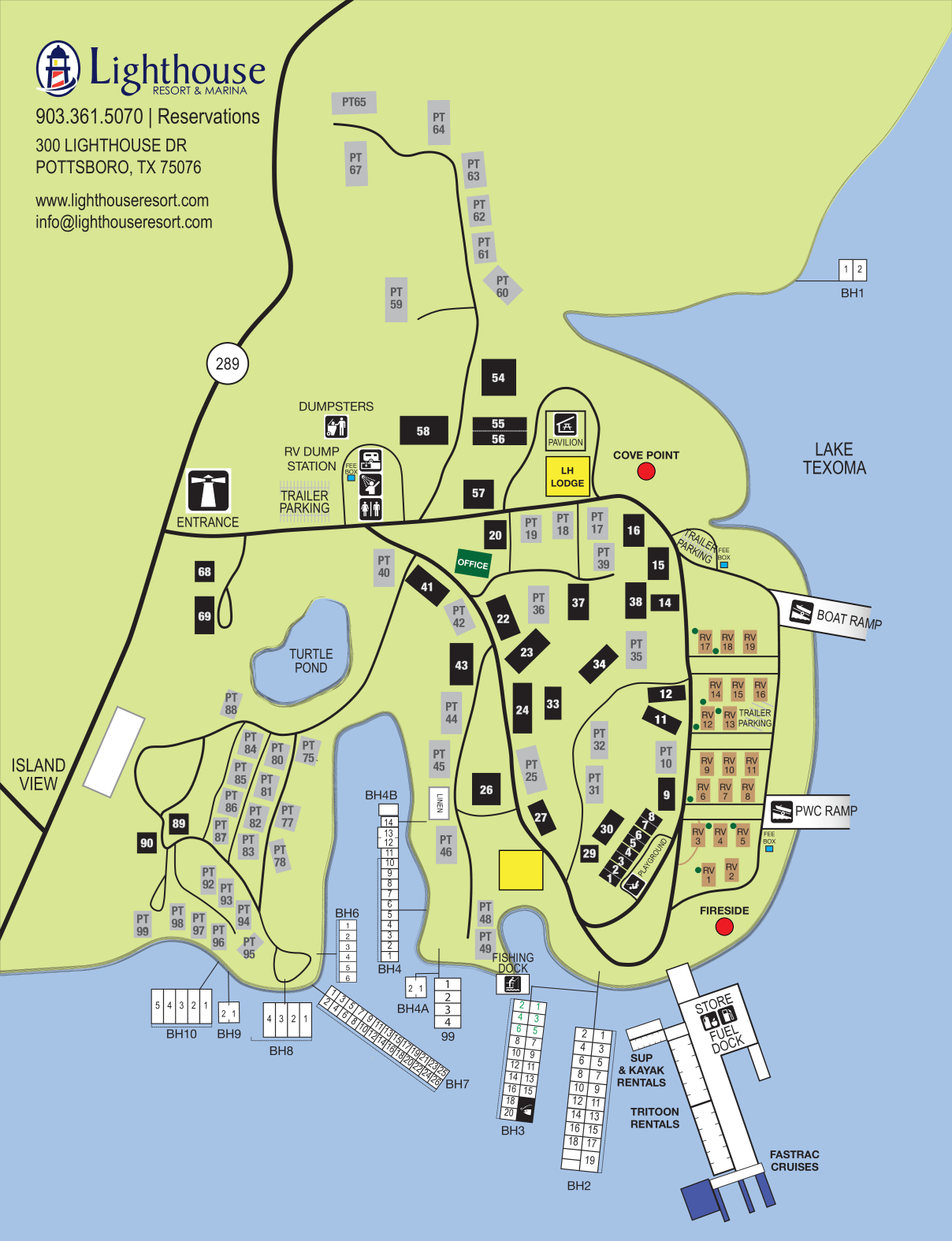 Official Lighthouse property map showing numbered cabins, RV sites, marina slips, office, ramps, store, and rental docks
